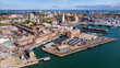 © Alexandre ROSA - Aerial view of Portsmouth Historic Dockyard and the Royal Navy's ancient HMS Warrior warship on the English Channel coast in the south of England, United Kingdom
