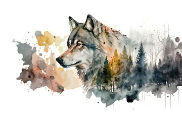 Naklejka na meble Beautiful wolf in the forest, watercolor illustration generative AI