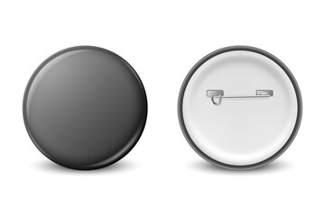 Vector 3d Realistic Black Round Metal, Plastic Blank Empty Button Badge Icon CLoseup Isolated, Front, Back Side View. Button Pin Badge. Glossy Brooch Pin. Front View. Template for Branding, Mock-up