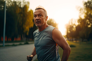 Wall Mural - Middle aged man running in park with trees in background at sunset. Generative AI