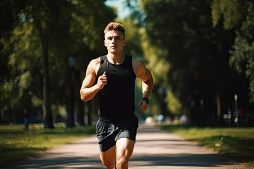 Wall Mural - Young man running in park with trees in background, sunny warm day. Generative AI