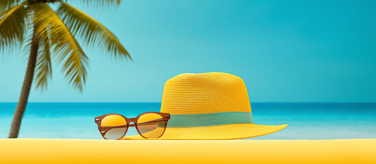 Wall Mural - Summer Holidays concept. Straw hat, sunglasses on sandy tropical beach with palms against ocean.  summer vacation concept