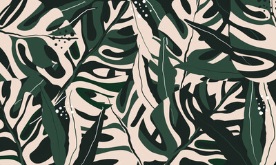 modern exotic jungle plants vector seamless floral pattern background. tropical palm, monstera leave