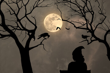 Wall Mural - A silhouette of a young witch sitting in a chair under a leafless tree with crows surrounding it at a full moon night.