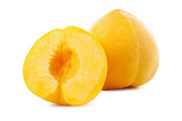 Wall Mural - half and whole of golden juicy peach isolated on white background.