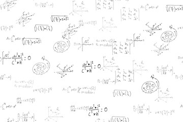 mathematical, physical, algebraic formulas and expressions. The scientific, vector background is hand-drawn on a white board.