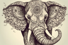 Decorated Indian Elephant. Beautiful Elephant In Tattoos And Drawings, Generative AI
