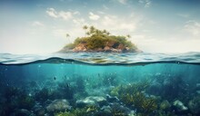 Tropical Island And Coral Reef - Split View With Waterline. Beautiful Underwater View Of Lone Small Island Above And Below The Water Surface In Turquoise Waters Of Tropical Ocean. Generative Ai.