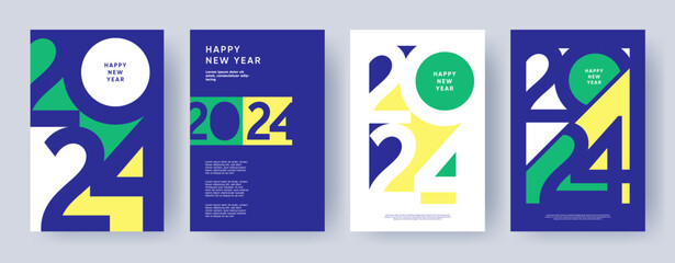 Wall Mural - Creative concept of 2024 Happy New Year posters set. Design templates with typography logo 2024 for celebration and season decoration. Minimalistic trendy backgrounds for branding, banner, cover, card