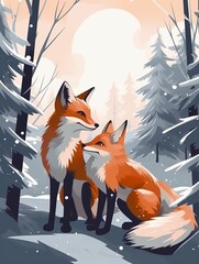 Two red foxes in winter snowy forest illustration background