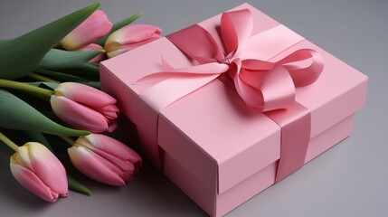 Wall Mural - Pink tulip bouquet and gift box with silk ribbon tie backgrounds, great for mother's day event backgrounds