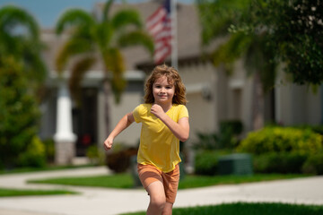 Sticker - Child running in summer street. Kid enjoy run. Kid running on neighborhood. Kids run on city running road. Happy childhood. Child boy running in the park. Sports and fitness, exercise for kids.