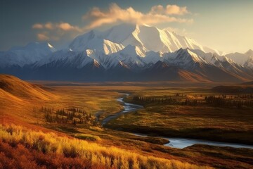Wall Mural - mount denali national park in alaska, river valleys and meadows in autumn, stunning scenic landscape