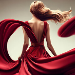 Stunning woman a beautiful red dress, fashion model waving flying fabric, lady in a glamorous outfit, generative AI