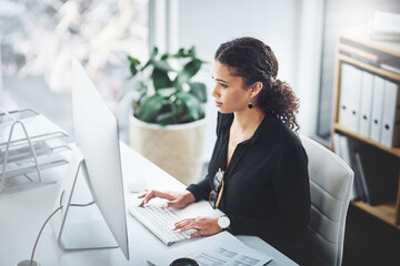 Wall Mural - Corporate, typing and a woman with an email on a computer, research or secretary work. Analytics, desk and a female receptionist with a pc in an office for communication, connectivity and working