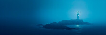 Lighthouse On A Cliff Edge In Stormy And Misty Weather. Night Landscape. Generative AI