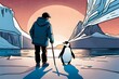 a person and a penguin are watching the sunset Antarctica.Comic style Generative AI.