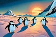Five penguins are gathering in Antarctica ice.Comic style Generative AI.