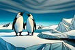 Two penguins are close together, they are in world of Antarctica ice.Comic style Generative AI.