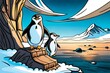 Two penguins are on the edge of the world of Antarctic Ocean.Comic style Generative AI.