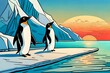 Two penguins are relaxing in the afternoon, near the sea ocean.Comic style Generative AI.