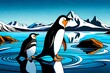 two penguins are walking in the ocean antarctica.Comic style Generative AI.