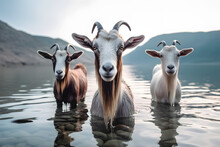 Portraits Of Goats On The Lakeside. Generated AI