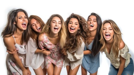 Group of adult girls, happy excited, style of website design, blank white background, cute, mixed nationality, dating site, beautiful asset design, dribble, Generative AI technology