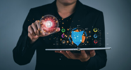 Wall Mural - search technology, artificial intelligence, human hand search engine optimization using computer sim