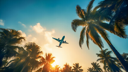 airplane flying above palm trees in clear sunset sky with sun rays. concept of traveling, vacation a