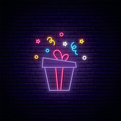 Neon gift box sign. Glowing present box illustration in neon style. Promotion or sale concept. Vector banner.