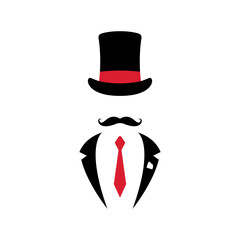 Gentleman in suit, tie and hat with red ribbon. Icon of man with mustache.