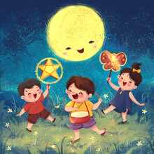 Children Celebrate Mid Autumn Festival Illustration, Children Playing With Lantern, Vietnamese Children