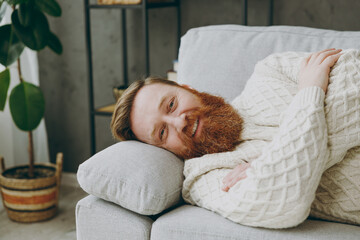 Wall Mural - Young smiling cheerful cool happy fun ginger man wear casual clothes look camera sits on grey sofa couch stay at home hotel flat rest relax spend free spare time in living room indoor. Lounge concept.