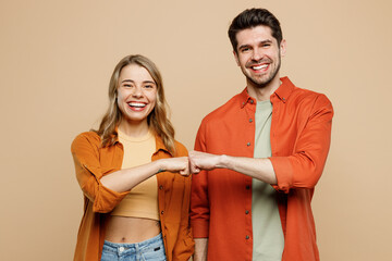 young smiling happy buddies fun couple two friends family man woman wear casual clothes looking came