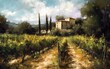 beautiful rural summer landscape vineyards with a rustic house, a trip to Europe, art illustration painted, generative ai