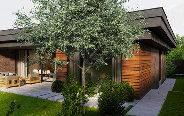 Wall Mural - A modern house with a flat roof and panoramic windows surrounded by nature. 3D visualization