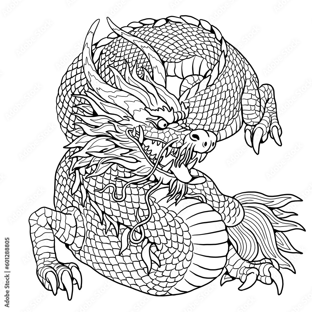 Chinese Dragon Long coloring page. Fantasy illustration with mythical creature. Asian dragon ...