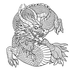 Sticker - Chinese Dragon Long coloring page. Fantasy illustration with mythical creature. Asian dragon drawing coloring sheet.	
