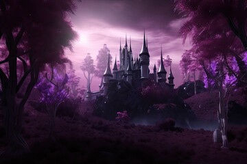 Canvas Print - magically dark purple forest with enchanted castle in the distance, created with generative ai