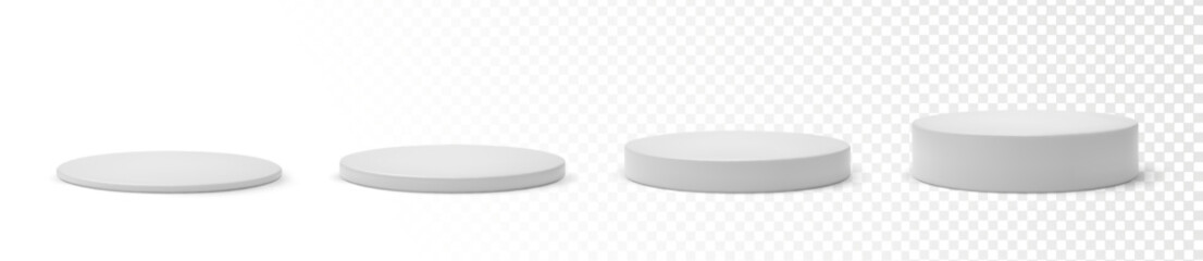 Set white podium base platform different heights. 3d round blank stand pedestal for product presentation. Realistic podium mockup vector illustration