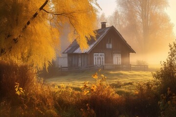 Poster - cottage surrounded by golden, misty autumn morning light, created with generative ai