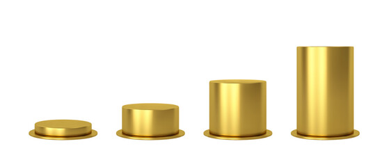 Set golden podium base platform different heights. 3d round gold blank stand pedestal for product presentation.Vector cylinder shape. Podium mockup realistic illustration