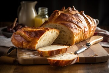 Wall Mural - loaf of artisan bread, sliced and ready to be enjoyed with variety of spreads, created with generative ai