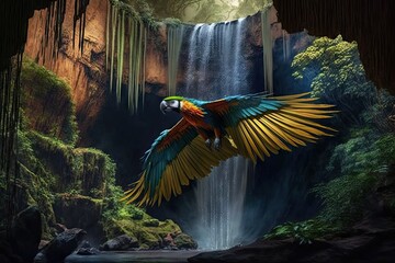 Wall Mural - parrot flying past waterfall in jungle, created with generative ai