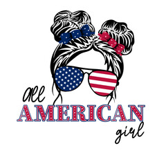 All American Girl. 4th of July Messy Bun Girl American. US independence day. Vector illustration