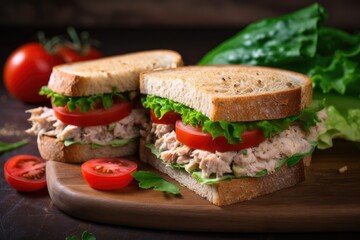 Canvas Print - tuna salad sandwich with fresh greens and juicy tomatoes, created with generative ai