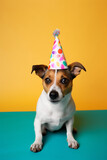 Fototapeta Koty - Funny dog wearing party hat, birthday celebration card. Happy pets. Generative AI