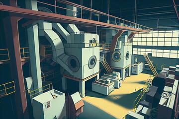 Poster - high-tech pulp and paper manufacturing facility with robotic equipment and advanced machinery, created with generative ai