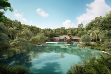 Wall Mural - luxury resort, surrounded by lush greenery and crystal-clear water, created with generative ai